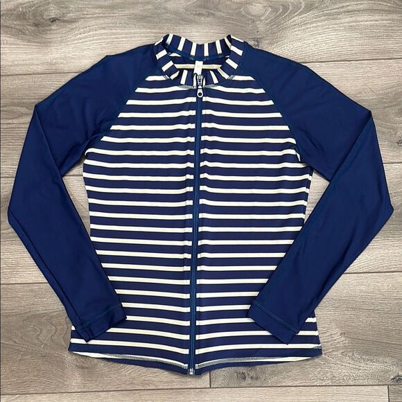 Helen Jon Rash Guard Full Zip Long‎ Sleeve Blue Stripe Swim Surf Top Size Large - Picture 1 of 8